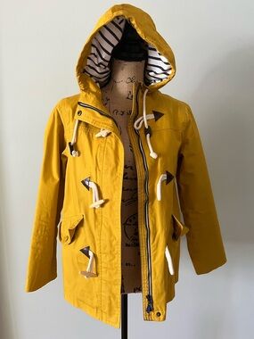 Boden Mustard Yellow Hooded Jacket with Navy Stripe Lining
